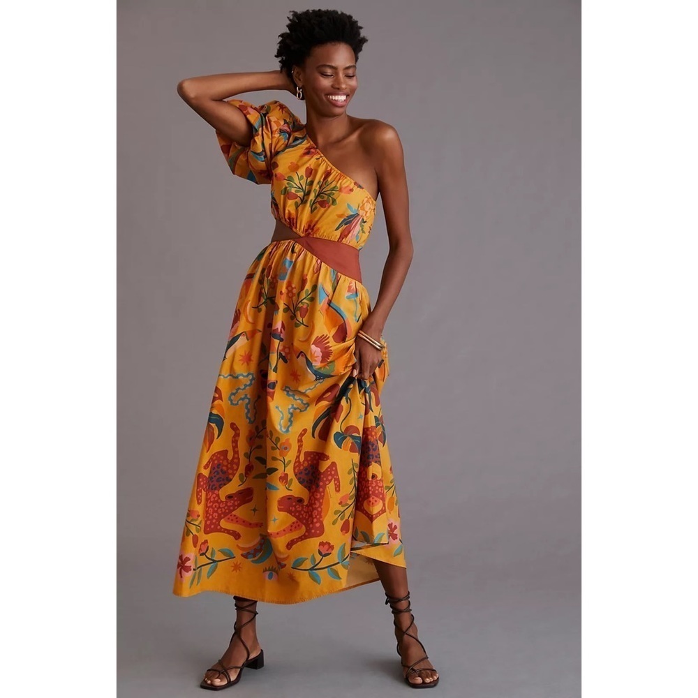 NWT Anthropologie Farm Rio Birds Leopard Floral One-Shoulder Maxi Cut Our Dress  - Picture 8 of 11